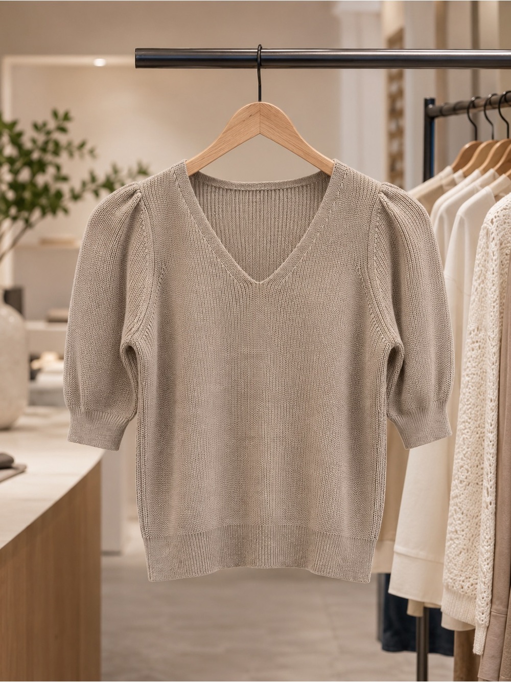Gentle Fawn Neutral Tan V-Neck Puff Sleeve Sweater